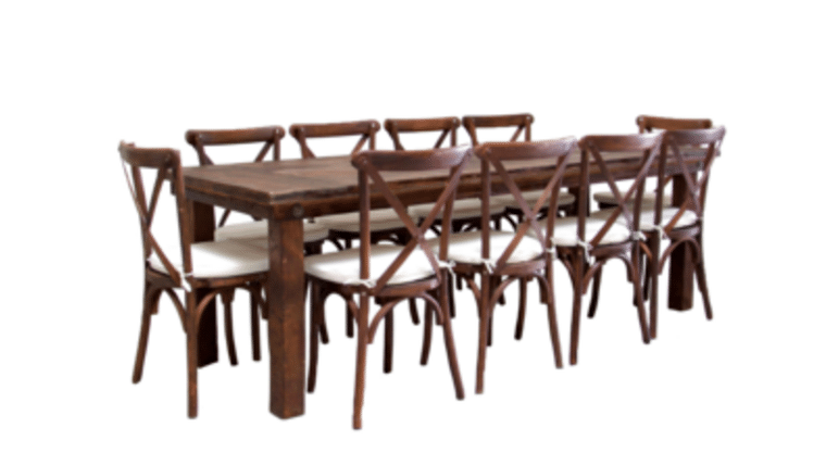 Package – 1 Mahogany Farm Table With 10 Cross-Back Chairs Package | Rental Package – 1 Mahogany Farm Table With 10 Cross-Back Chairs Package | Rental