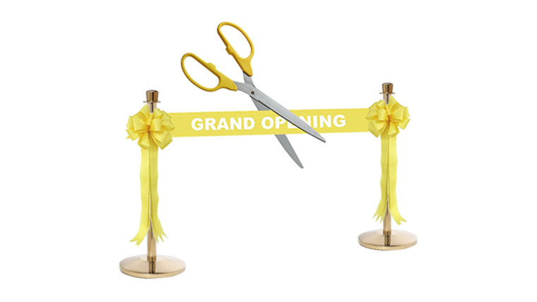 Ribbon Cutting Kit | Grand Opening Ceremony Gloss Yellow Ribbon, Scissors, Bows & Stanchions | Rental