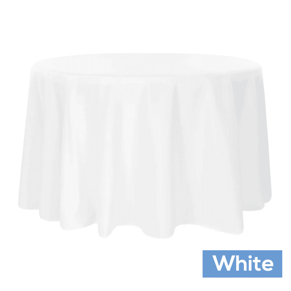 120″ Round 200 GSM Polyester Tablecloth – White | Rental