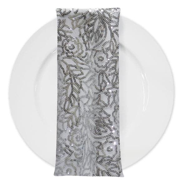 Fiori Leaf Sequins (w/ Poly Lining) Table Napkin Silver | Rental Fiori Leaf Sequins (w/ Poly Lining) Table Napkin Silver | Rental