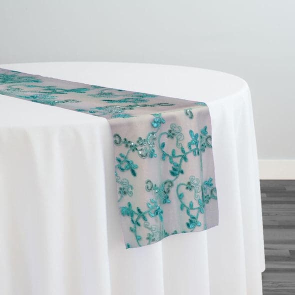 Basil Leaf Embroidery Table Runner in Teal Green | Rental Basil Leaf Embroidery Table Runner in Teal Green | Rental