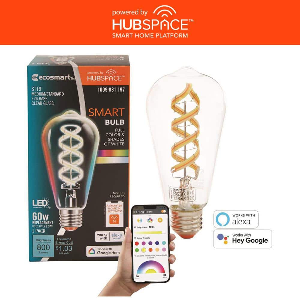 EcoSmart — 60-Watt Equivalent Smart ST-19 Clear Color Changing CEC LED Light Bulb with Voice Control (1-Bulb) Powered by Hubspace | Rental EcoSmart — 60-Watt Equivalent Smart ST-19 Clear Color Changing CEC LED Light Bulb with Voice Control (1-Bulb) Powered by Hubspace | Rental