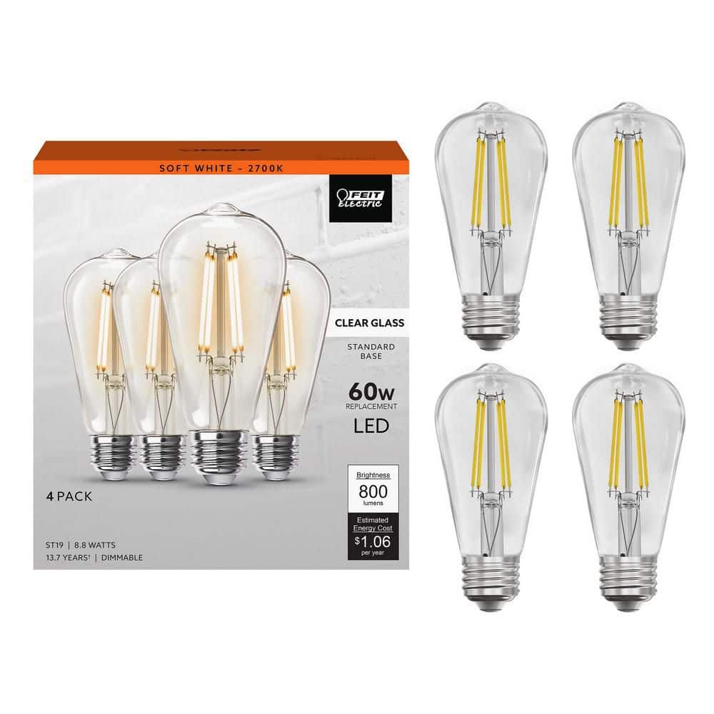 Feit Electric — 60-Watt Equivalent ST19 Dimmable Straight Filament Clear Glass E26 Vintage Edison LED Light Bulb, Soft White (4-Pack) | Rental Feit Electric — 60-Watt Equivalent ST19 Dimmable Straight Filament Clear Glass E26 Vintage Edison LED Light Bulb, Soft White (4-Pack) | Rental
