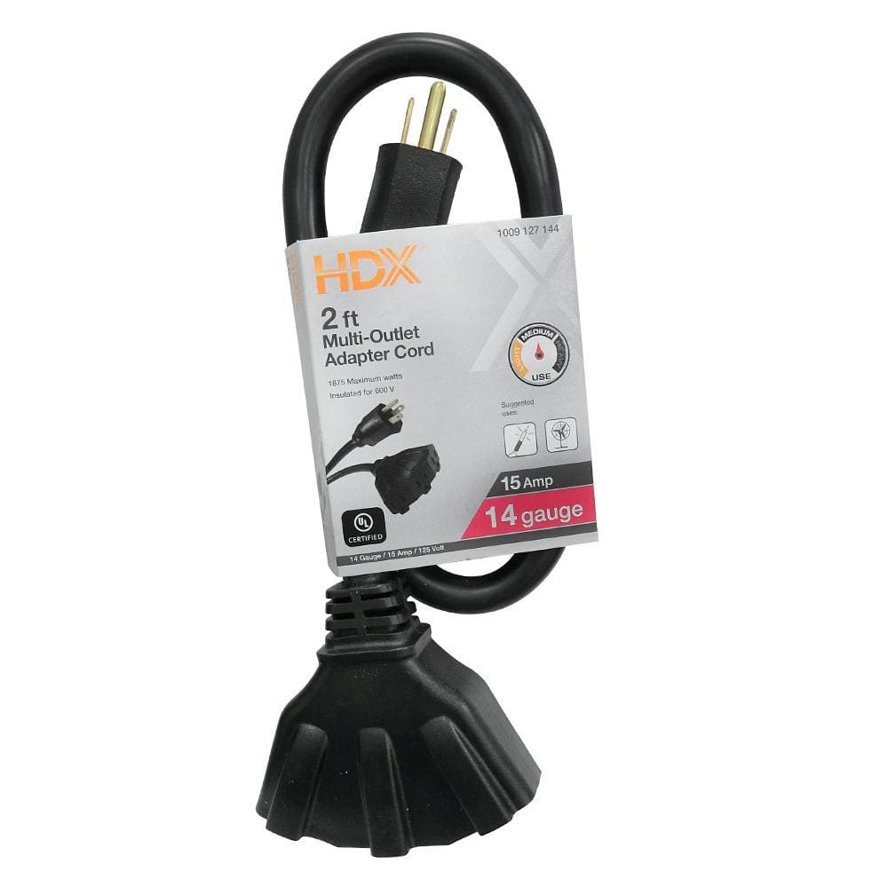 HDX — 2 ft. 14/3 Medium Duty Indoor/Outdoor Adaptor Cord with Multiple Outlet Triple Tap End, Black | Rental HDX — 2 ft. 14/3 Medium Duty Indoor/Outdoor Adaptor Cord with Multiple Outlet Triple Tap End, Black | Rental