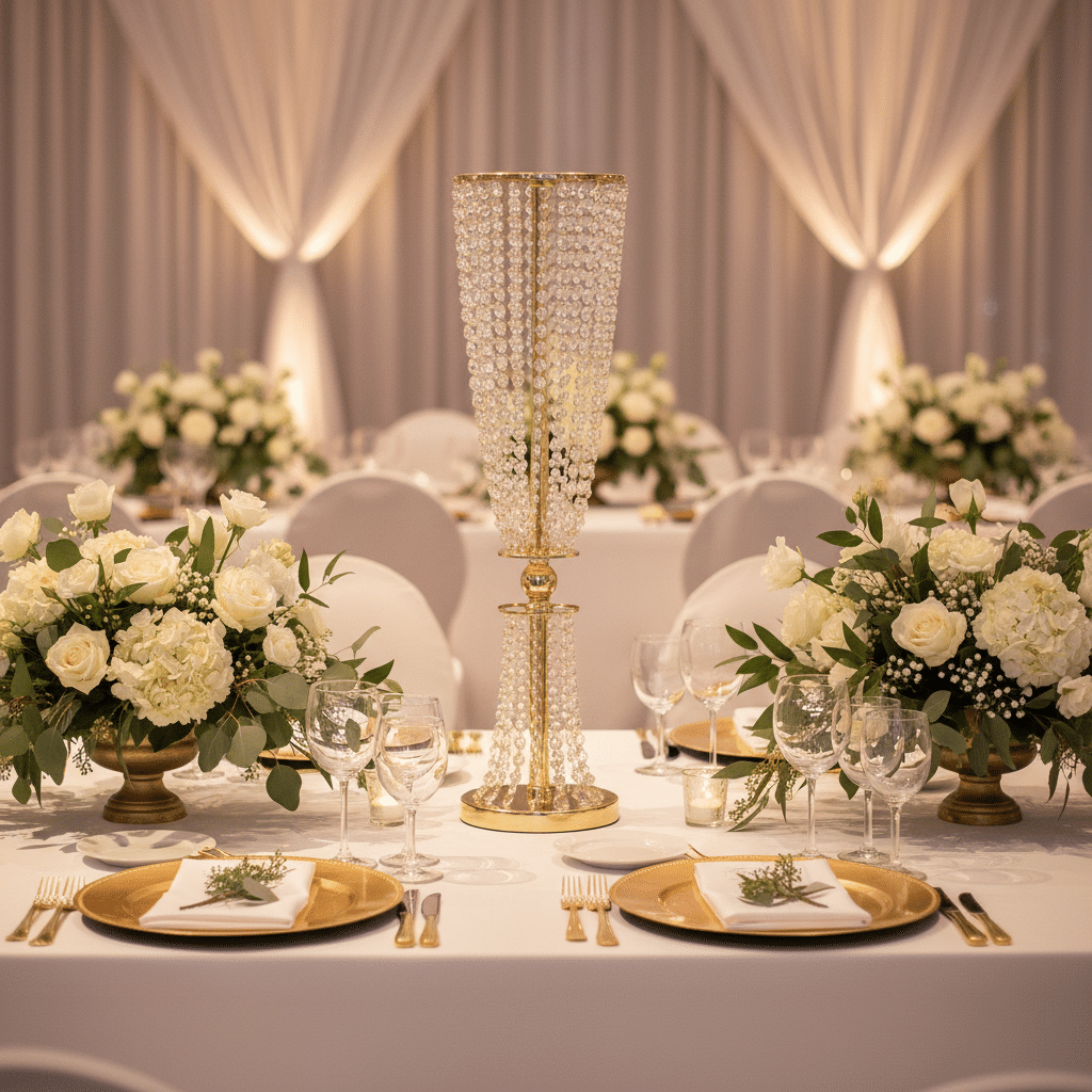 Crystal Column Tabletop Centerpiece – Gold | Rental