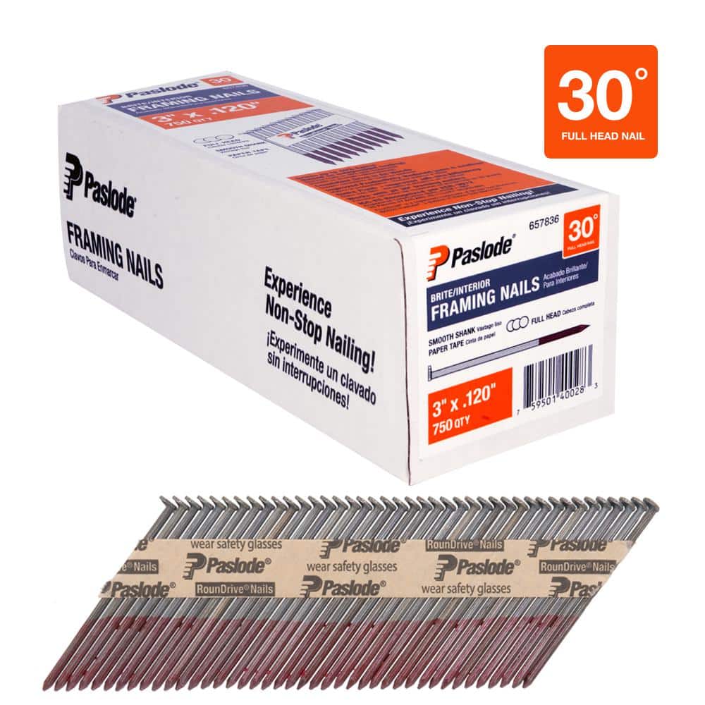 Paslode — 3 in. x 0.120 Round Drive 30-Degree Brite Steel Smooth Shank Paper Tape Framing Nails (750 per Box ) | Rental Paslode — 3 in. x 0.120 Round Drive 30-Degree Brite Steel Smooth Shank Paper Tape Framing Nails (750 per Box ) | Rental