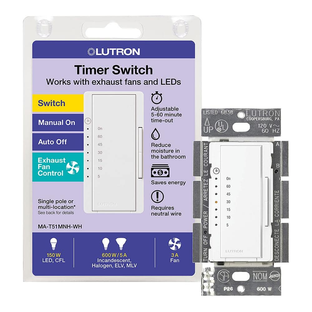 Lutron — Maestro Countdown Timer Switch for Fans and Lights, 3A Fan/150W LED, Single-Pole/Multi-Location, White (MA-T51MNH-WH) | Rental Lutron — Maestro Countdown Timer Switch for Fans and Lights, 3A Fan/150W LED, Single-Pole/Multi-Location, White (MA-T51MNH-WH) | Rental